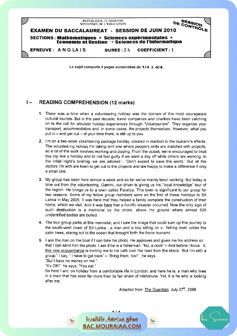 Sujet controle anglais Bac 2010 – Section science